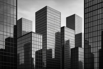 Monochrome Urban Skyline Featuring Reflective