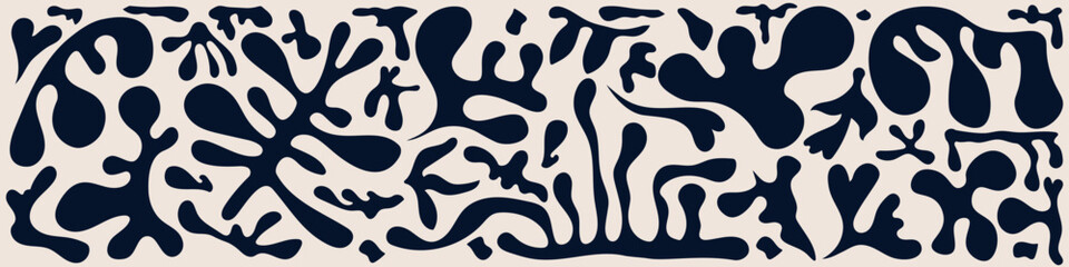 Hand drawn minimal abstract organic shapes pattern in boho style. Cut out twigs, plants and leaves isolated on a beige background. Trending illustration of natural elements
