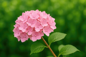 Close-up of a pink hydrangea branch in full bloom against lush green foliage