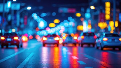 Vibrant night-time congestion with blurred lights in an urban setting