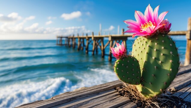 Stunning seaside landscape featuring a blossoming cactus, a wooden dock, and expansive ocean scenery. Ideal for nature admirers and travel fans.