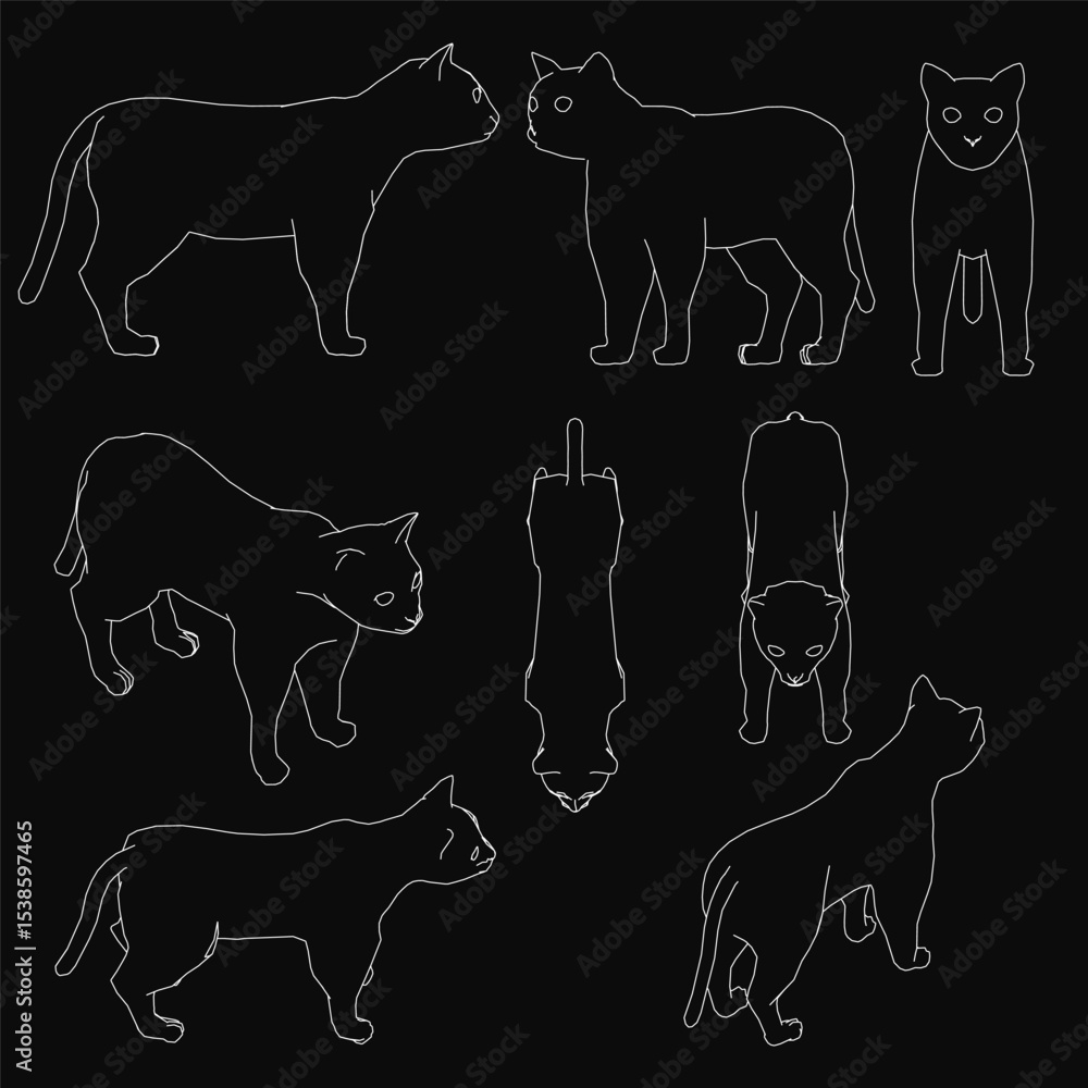 Poster contour of cats in a clean vector style stand out against a black background, creating striking cont