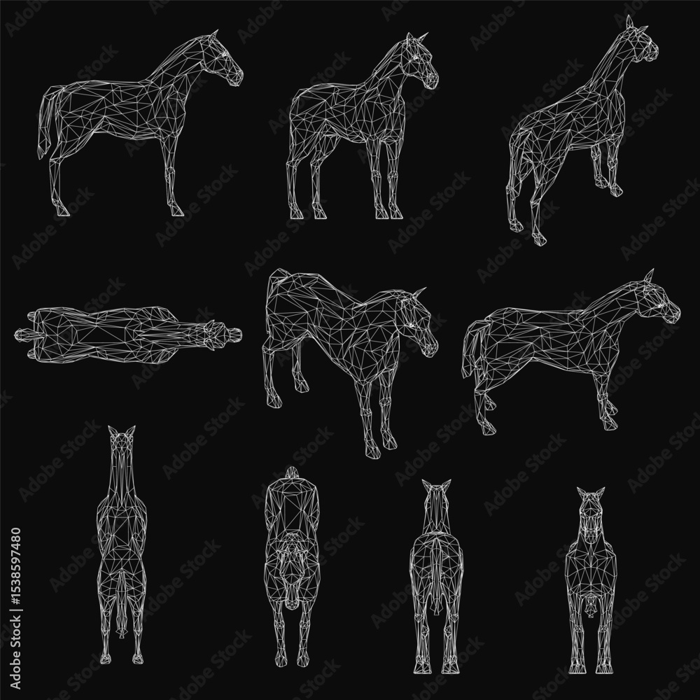 Poster Wireframe horses arranged symmetrically on a black background, each with a unique geometric design. The set features varied shapes and sizes, creating a striking visual pattern.