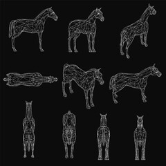 Wireframe horses arranged symmetrically on a black background, each with a unique geometric design. The set features varied shapes and sizes, creating a striking visual pattern.