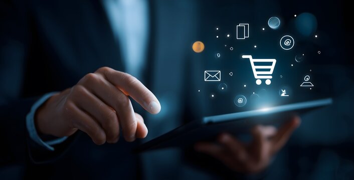 Businessman using tablet for online shopping and e-commerce activities - Powered by Adobe