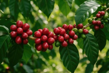 Fototapeta premium Coffee cherries on the branch of a coffee plant prior to harvesting
