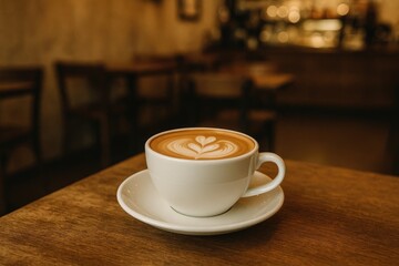 Obraz premium A cozy coffee shop scene featuring a frothy cappuccino in a vintage-style setting