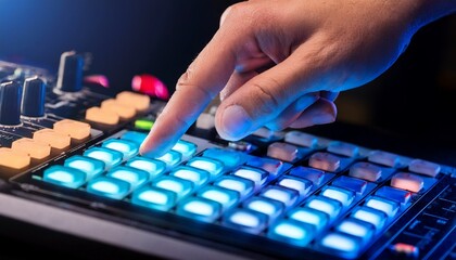 Fototapeta premium hand operating a music production controller close up studio shot of finger pressing light up pad for beat making