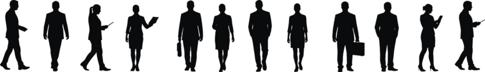  Diverse group of professional business people silhouettes, walking, standing, and interacting, representing corporate teamwork, communication, and modern workplace dynamics, isolated on white