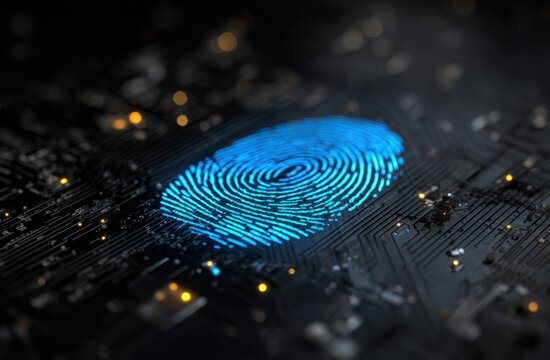 A blue fingerprint glows on a dark circuit board surrounded by faint orange lights
