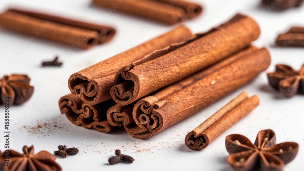 Poster cinnamon bark arranged in a stack on a plain white surface