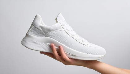 hand holding white sneaker with white background