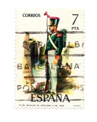 A vintage postage stamp from Spain isolated on a white background.