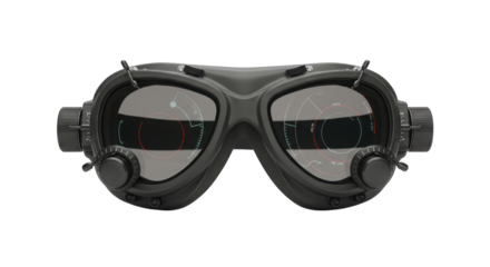 Black Tactical Night Vision Goggles with Digital HUD Display Isolated on White Background