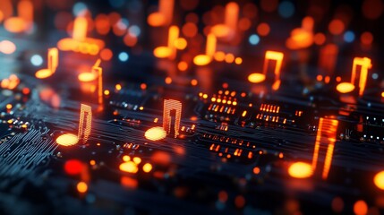 Fototapeta premium Circuit board glowing with orange musical notes