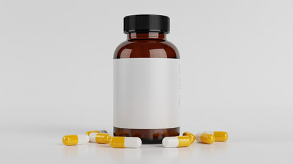 A brown glass medicine bottle with a black screw-top cap against a plain white background.