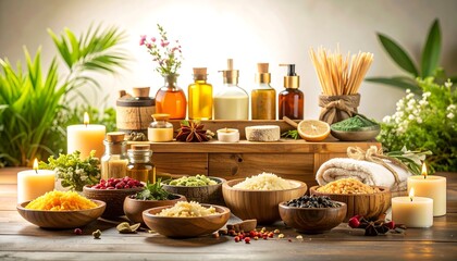 Luxurious Spa Atmosphere Aromatic Oils, Herbal Ingredients, and Relaxing Ambiance.  High-Quality Photo of Tranquil Spa Setting.
