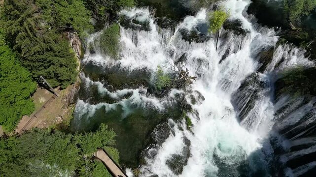 Amazing Martin Brod waterfalls on river Una in Bosnia and Herzegovina. Beautiful nature in Una national park with crystal clear water and amazing cascade waterfalls.