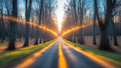 Abstract scene of a blurred road passing through trees with radiant light effects
