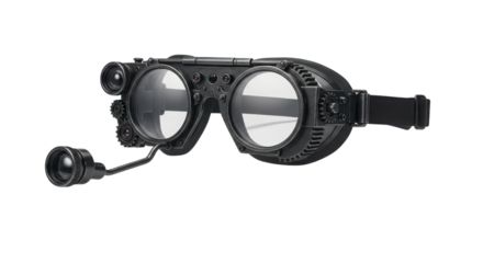 Black tactical night vision style goggles with microphone isolated on white