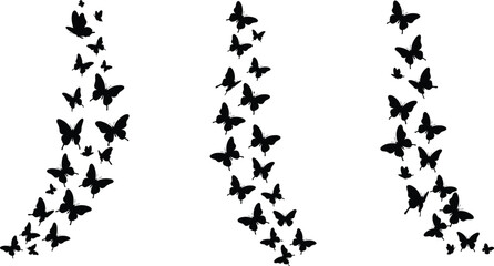 Elegant black silhouettes of diverse butterflies in flight, creating whimsical and ethereal patterns, perfect for nature, freedom, and transformation concepts, isolated on white