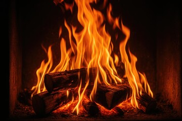 Burning flame and fire in a stove with orange and black hues