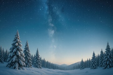 A snowy woodland under a starry night sky