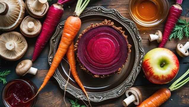 Vegetable medley featuring beet, carrot, and dried mushrooms