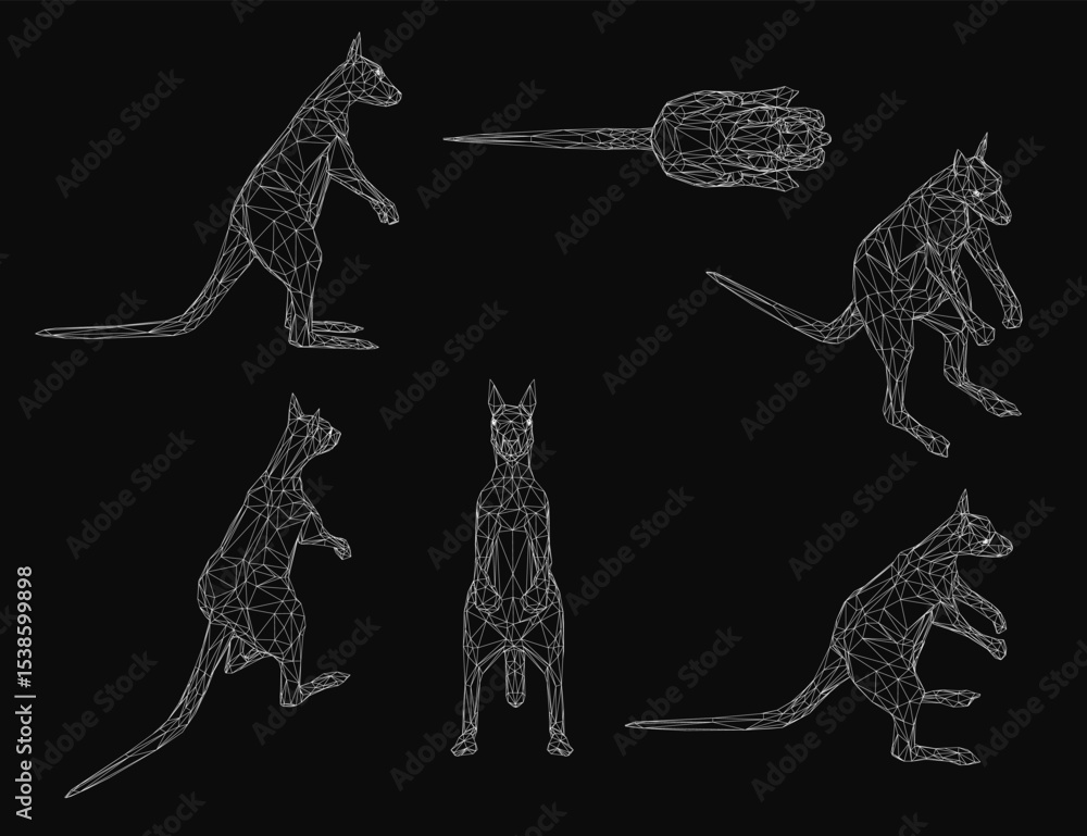Poster six low poly kangaroos arranged symmetrically on a black background create a striking contrast. the 
