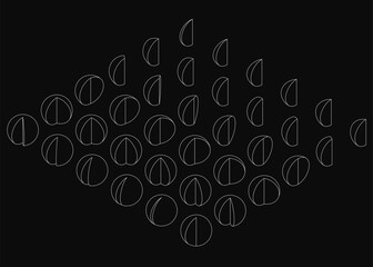 Isometric infographic with white line contour spheres on black background, illustrating increasing and decreasing segments of a divided sphere. The symmetrical design uses clean geometric shapes to.