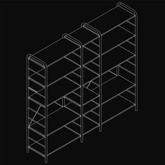 Black and white line drawing of a sleek modern bookcase with four sturdy shelves, ideal for organizing books, magazines, and decorative items. Perfect for home or office storage, this minimalist rack.