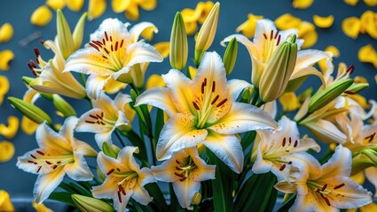 Naklejka premium Stunning vibrant lilies in full bloom with golden petals