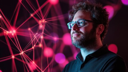 Man Contemplating Digital Network, Representing Connection and Innovation