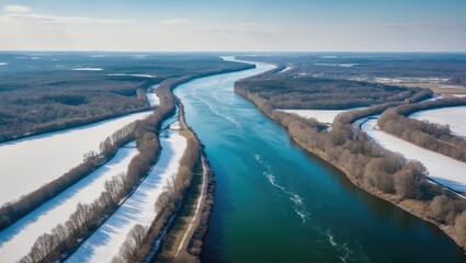 Bird's-eye perspective of a river coastline during spring season