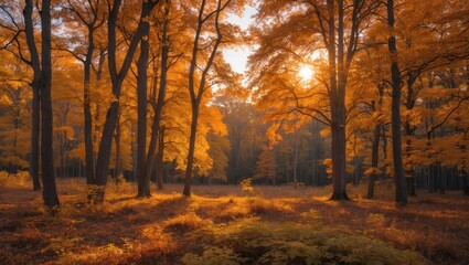 Fall woodland scene featuring broadleaf trees and scenic landscape