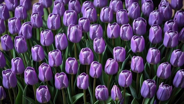 Elegant arrangement of numerous tiny violet tulips for special occasions