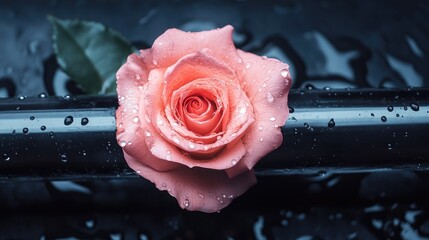 Pink Rose in Dark Plastic Tube with Water Droplets, Generative Ai
