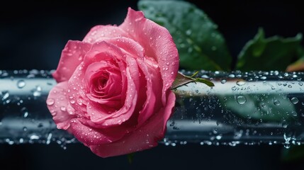 Pink Rose in Dark Plastic Tube with Water Droplets, Generative Ai