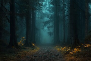 Fototapeta premium Mysterious forest path with deep blue fog and glowing autumn foliage creating a magical, moody, and atmospheric woodland scene
