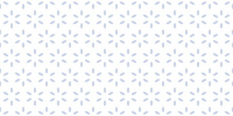Vector floral seamless pattern. Abstract minimal geometric ornament with small flowers in oriental style, diamonds, stars. Subtle white and blue minimalist background texture. Repeat design for decor