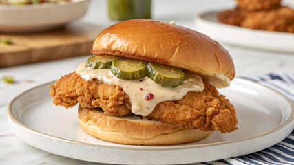 Crispy fried chicken sandwich with creamy sauce and pickles. Crispy fried chicken sandwich with pickles and sauce