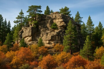 Obraz premium Autumn landscape featuring rocky hills, pine trees, and lush bushes in a canyon setting