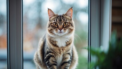 Elegant feline perched by the window with a soft focus, animal subject
