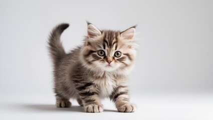 Adorable soft-furred kitten against a plain white backdrop