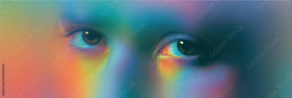 Poster surreal eyes emerging from colorful fog creating a dreamlike atmosphere with swirling rainbow hues