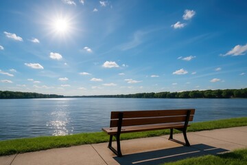 Obraz premium A riverside bench offering a clear view of the daytime sky