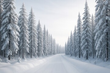 Fototapeta premium A snowy forest scene featuring a snow-covered path weaving through frosted pine trees