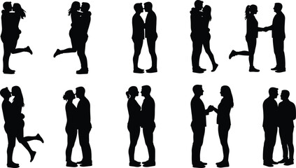 Romantic silhouette collection of diverse couples embracing, kissing, and holding hands, expressing love, affection, and togetherness, ideal for illustrating relationships and special moments