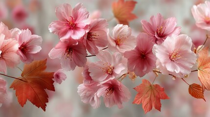 Obraz premium Delicate Pink Cherry Blossoms and Autumn Leaves