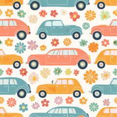 Seamless pattern of cartoon car, truck, and van vehicle silhouettes for road traffic design